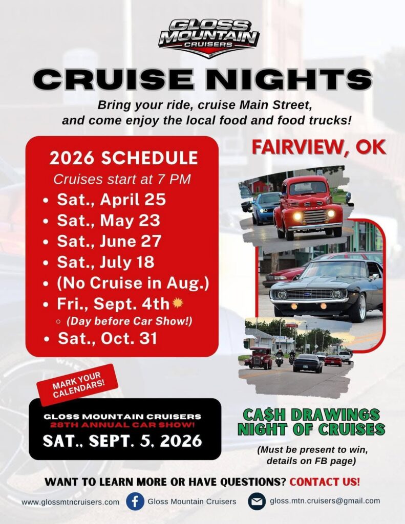 Gloss Mountain Cruisers Cruise Nights event at Main Street in Fairview, OK on July 18, 2026
