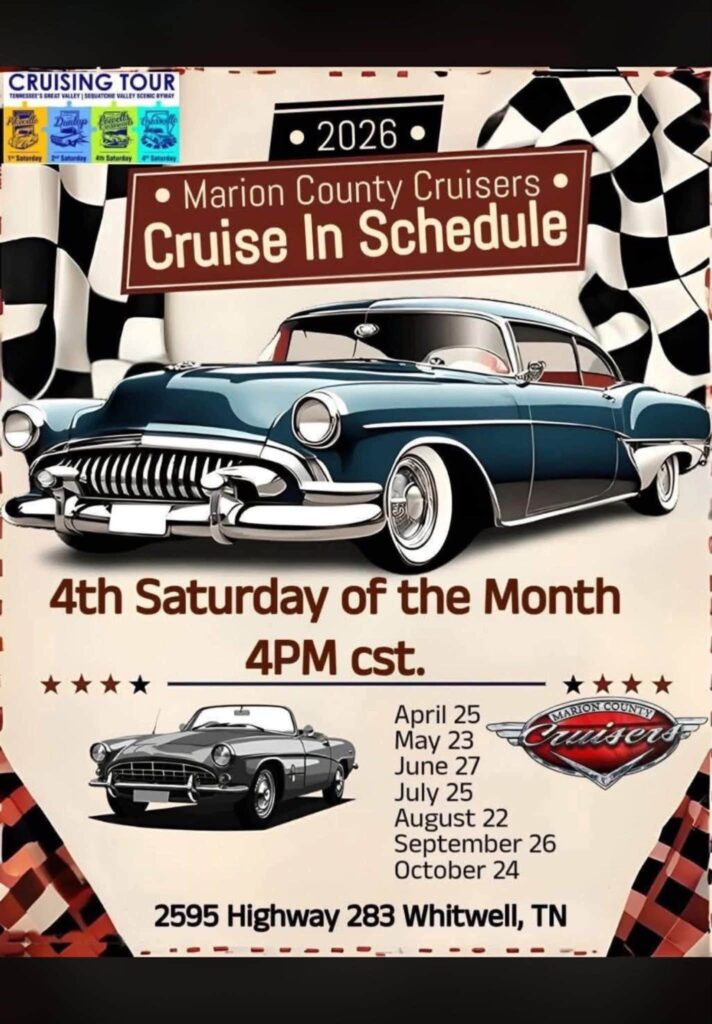 Marion County Cruisers Cruise in event at 2595 Highway 283 in Whitwell, TN on July 25, 2026