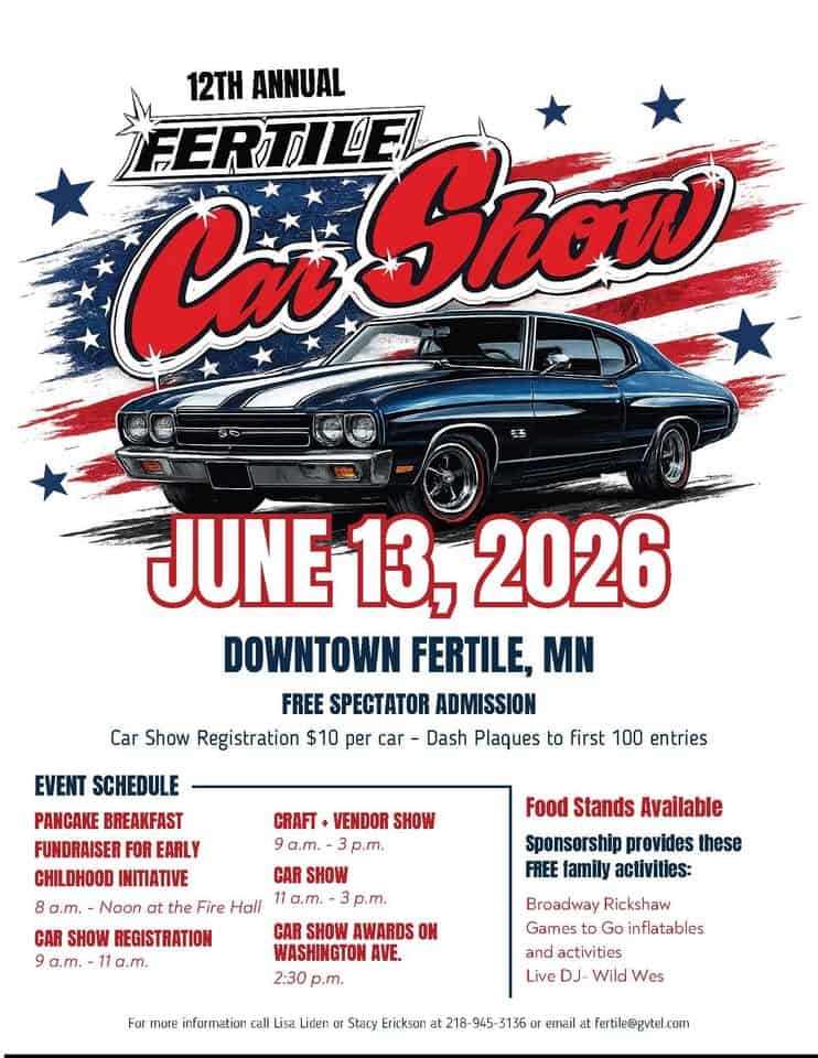 12th Annual Fertile Car Show event at Downtown Fertile, MN in Fertile, MN on June 13, 2026