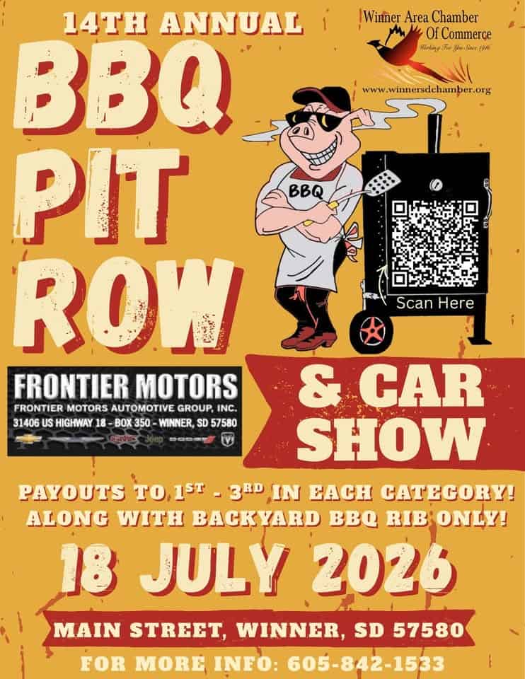14th Annual BBQ Pit Row & Car Show event at Main Street in Winner, SD on July 18, 2026