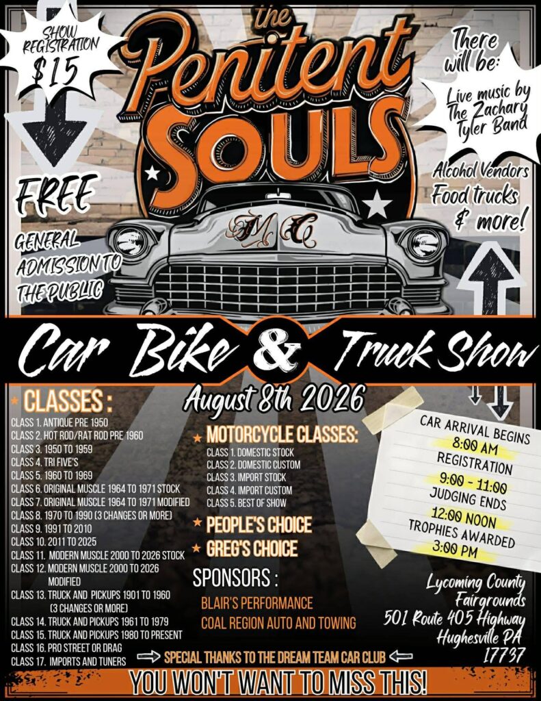 The Penitent Souls Car Bike & Truck Show event at Lycoming County Fairgrounds in Hughesville, PA on August 8, 2026