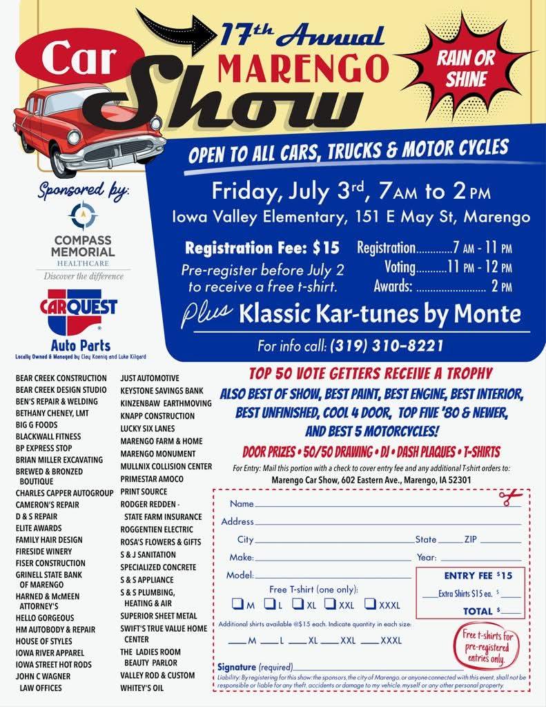 17th Annual Marengo Car Show event at Iowa Valley Elementary in Marengo, IA on July 3, 2026
