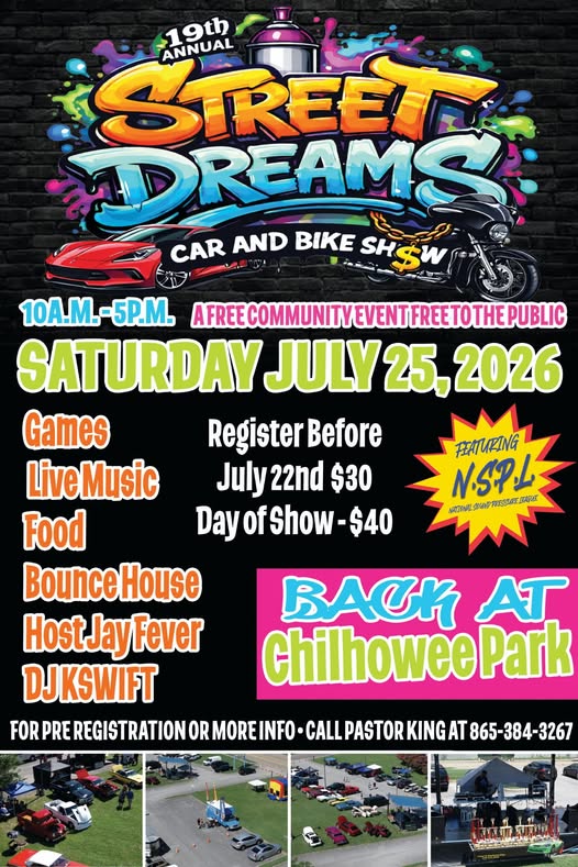 19th Annual Street Dreams Car and Bike Show event at Chilhowee Park in Knoxville, TN on July 25, 2026