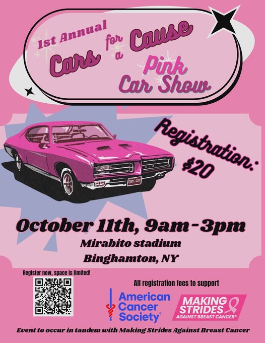 1st Annual Cars for a Cause Pink Car Show event at Mirabito Stadium in Binghamton, NY on October 11, 2026