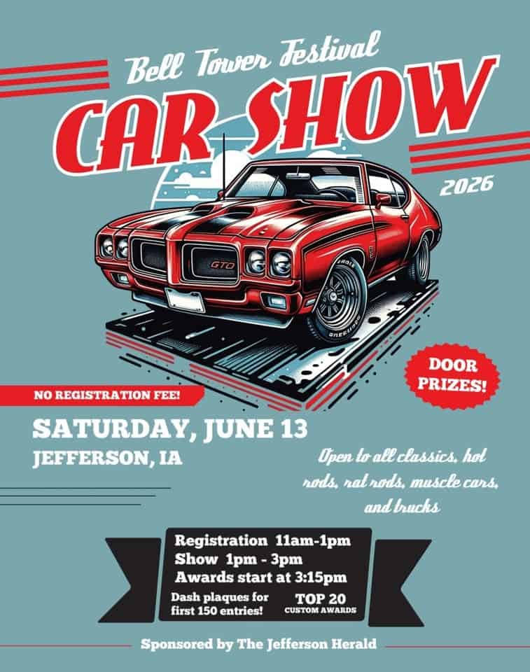 2026 Bell Tower Festival Car Show event at Jefferson in Jefferson, IA on June 13, 2026