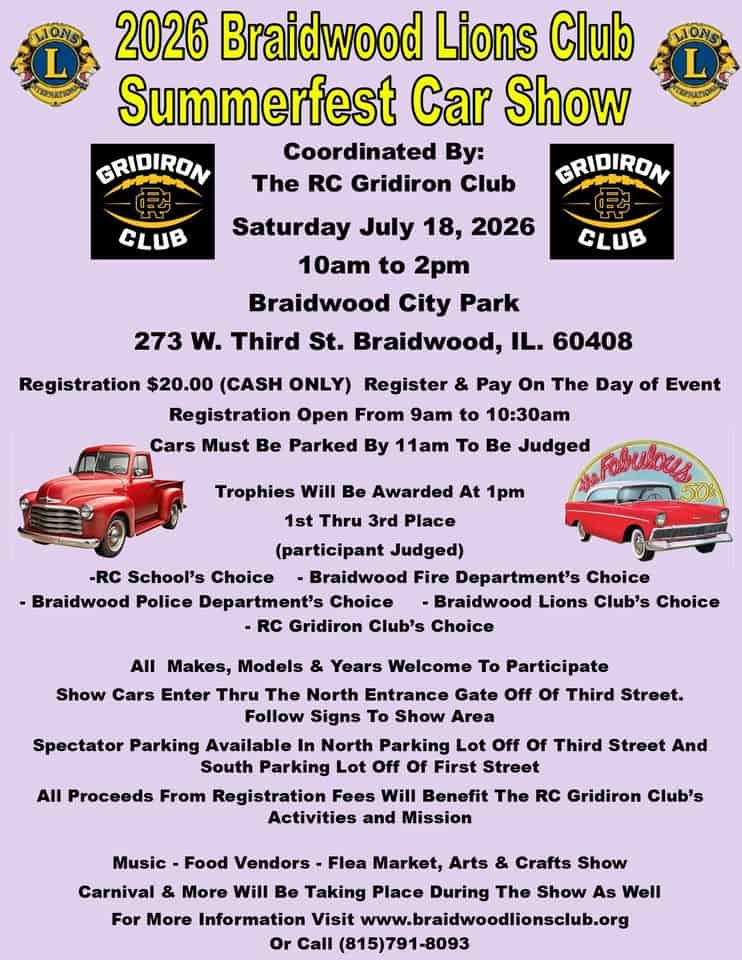 2026 Braidwood Lions Club Summerfest Car Show event at Braidwood City Park in Braidwood, IL on July 18, 2026