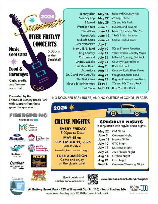 2026 Summer Free Friday Concerts event at Butter Brook Park in South Hadley, MA on May 15, 2026
