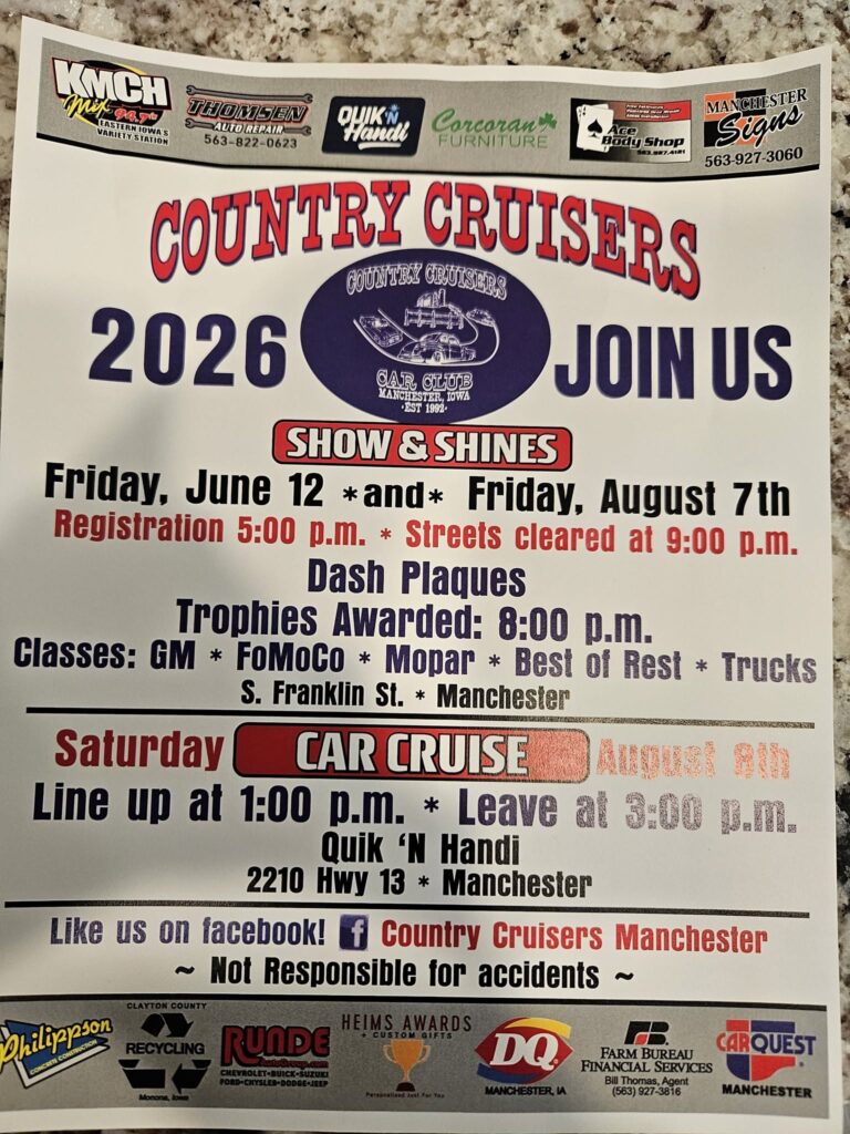 Country Cruisers 2026 Show & Shines / Car Cruise event at Quik 'N Handi in Manchester, IA on June 12, 2026