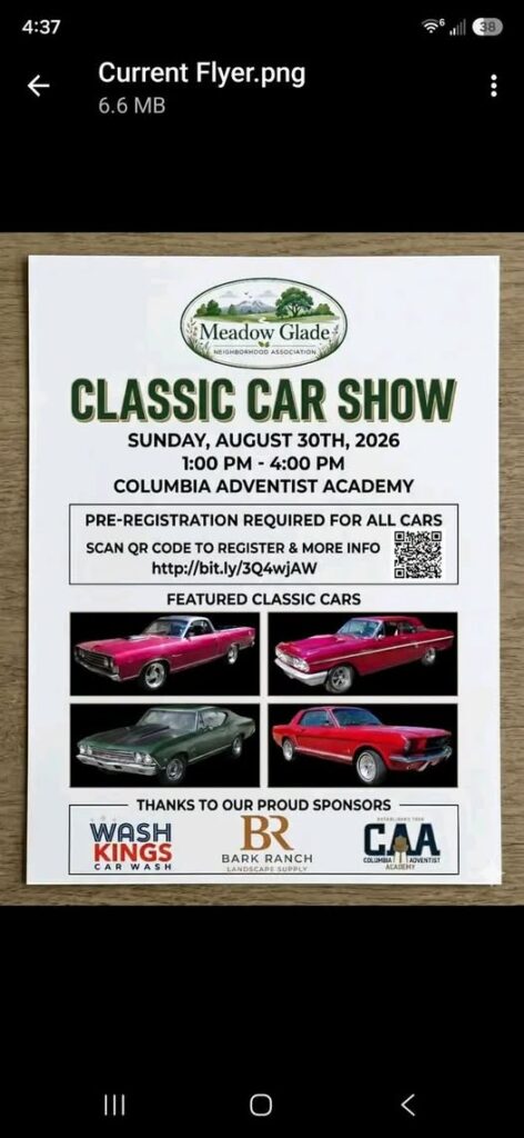 Meadow Glade Neighborhood Association Classic Car Show event at Columbia Adventist Academy in Battle Ground, WA on August 30, 2026