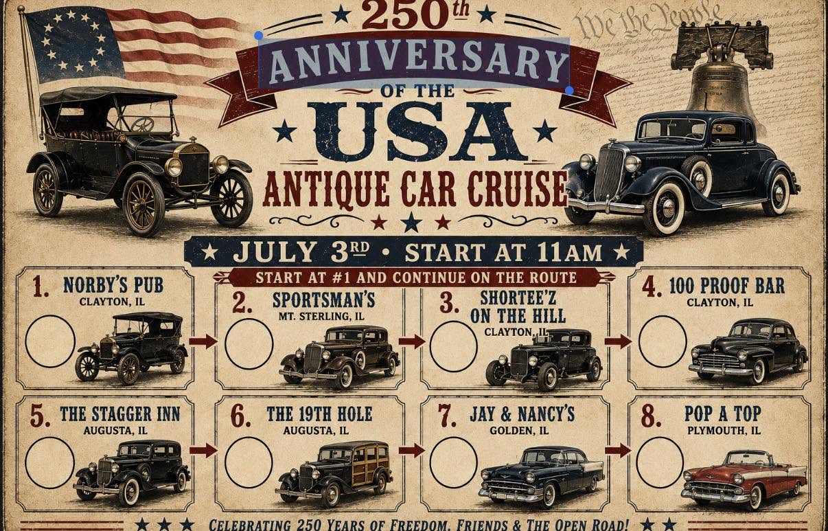250th Anniversary of the USA Antique Car Cruise event at Norby's Pub in Clayton, IL on July 3, 2026