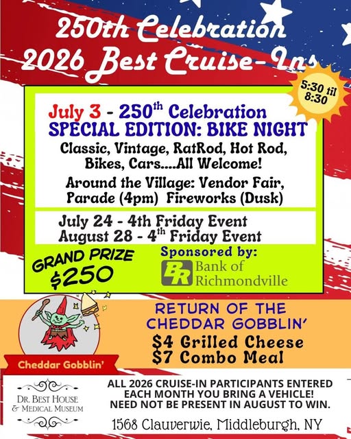 250th Celebration 2026 Best Cruise-In event at 1568 Clauverwie, Middleburgh, NY in Middleburgh, NY on July 3, 2026