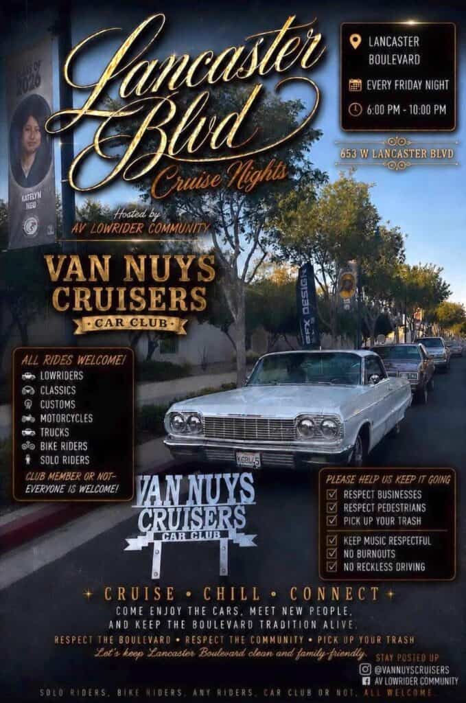 Van Nuys Cruisers Car Club Lancaster Blvd Cruise Nights event at Lancaster Boulevard in Lancaster, CA on June 26, 2026