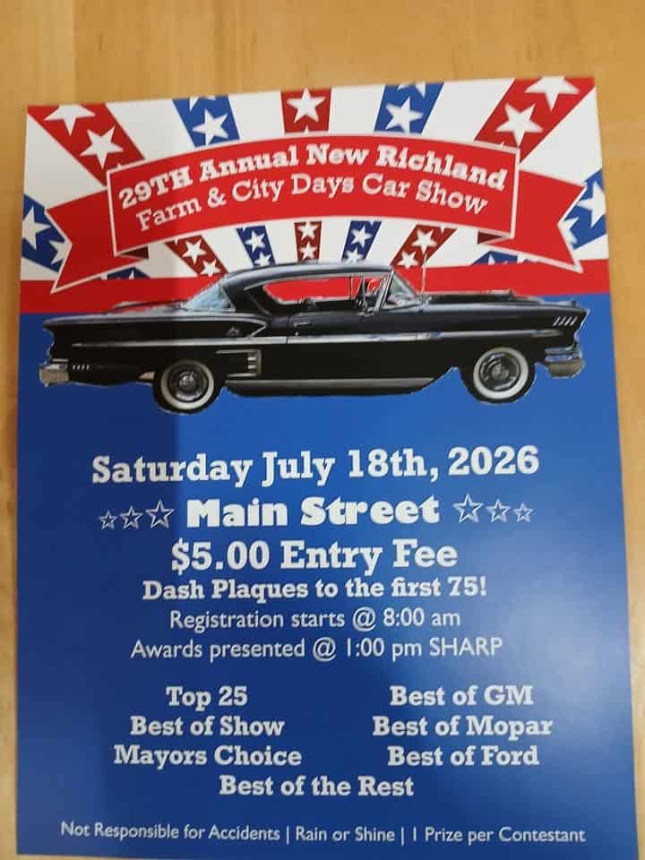 29th Annual New Richland Farm & City Days Car Show event at Main Street in New Richland, MN on July 18, 2026