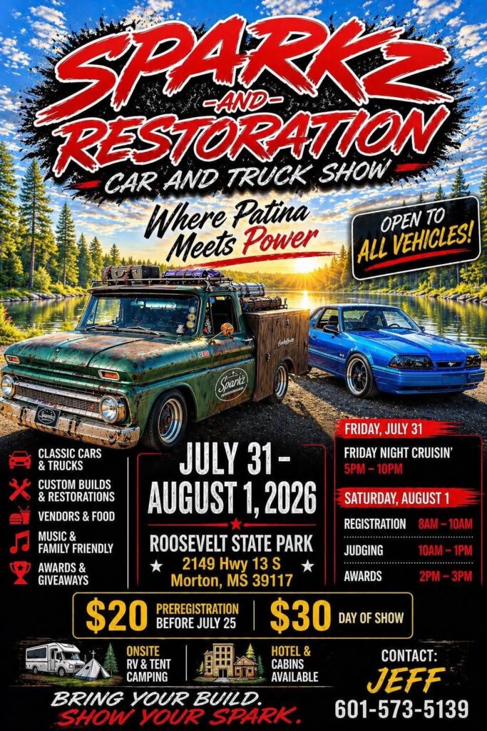 Spark and Restoration Car and Truck Show event at Roosevelt State Park in Morton, MS on July 31, 2026
