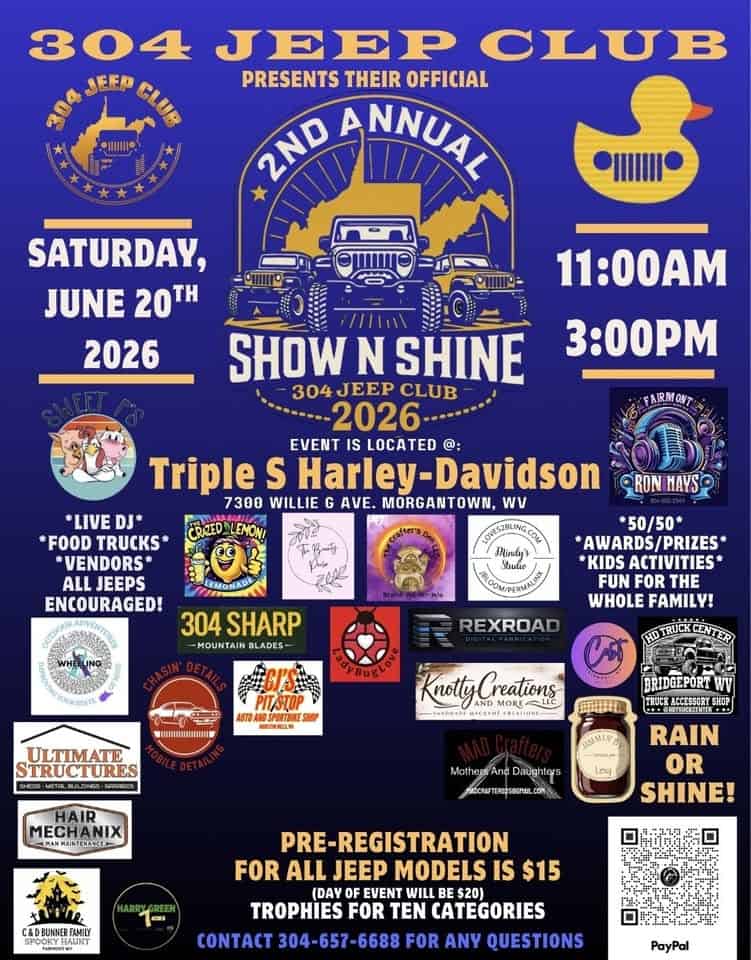 304 Jeep Club 2nd Annual Show N Shine event at Triple S Harley-Davidson in Morgantown, WV on June 20, 2026
