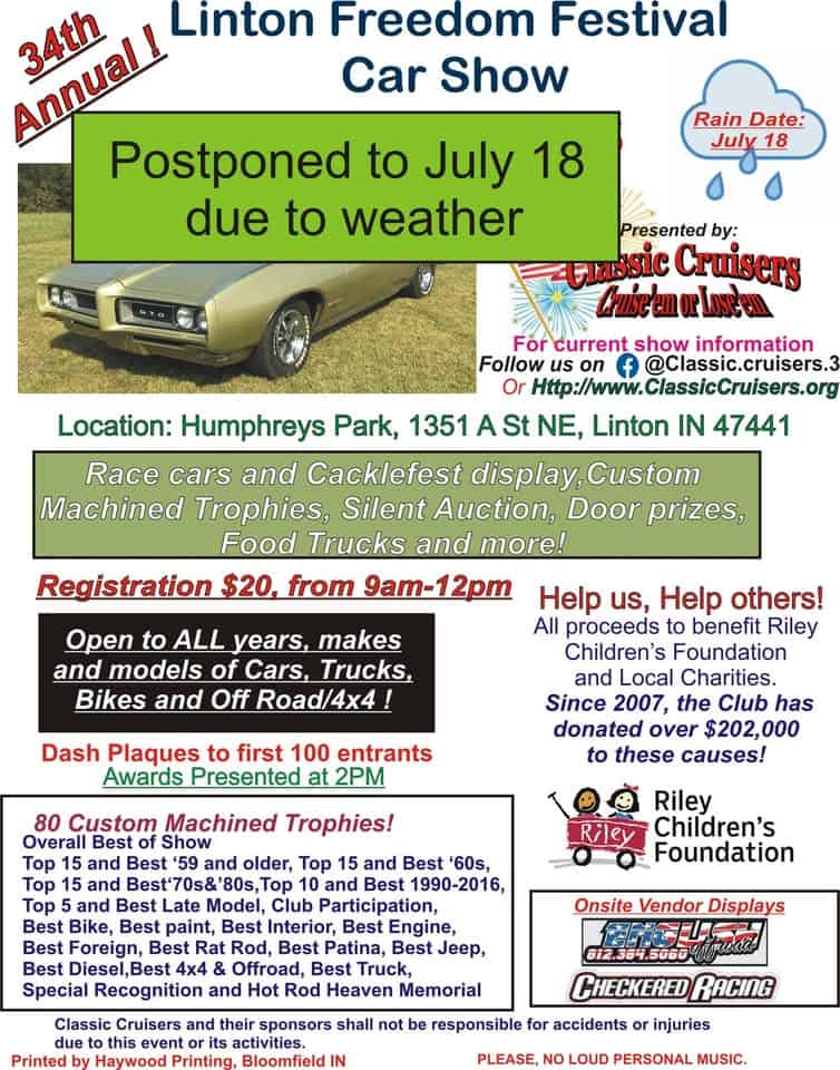 34th Annual Linton Freedom Festival Car Show event at Humphreys Park in Linton, IN on July 18, 2026