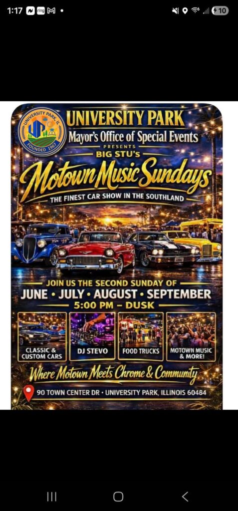 University Park Mayor's Office of Special Events Presents Big Stu's Motown Music Sundays event at 90 Town Center Dr in University Park, IL on June 14, 2026