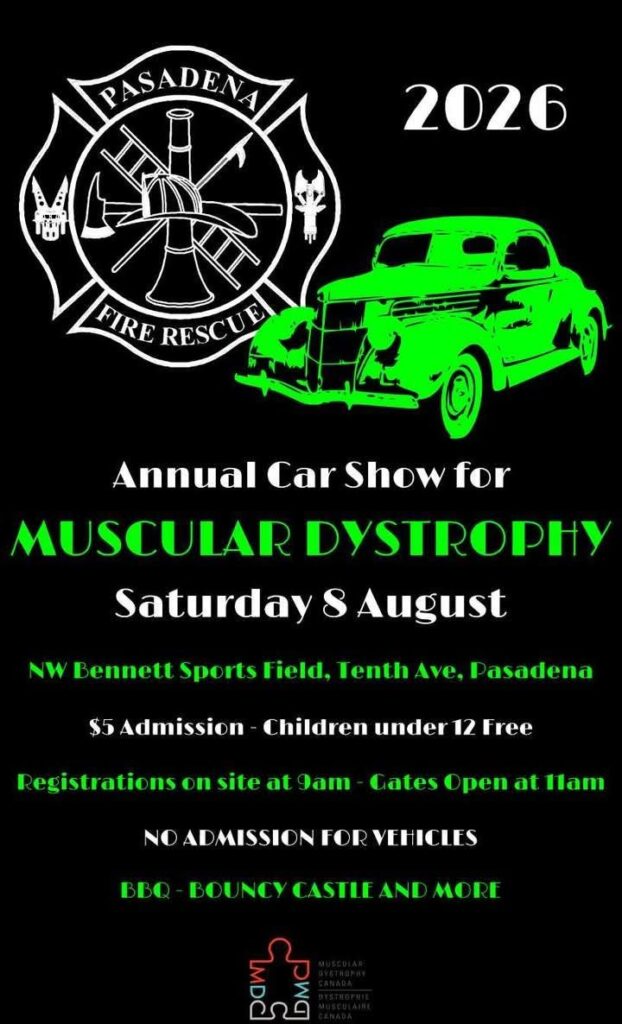 Pasadena Fire Rescue 2026 Annual Car Show for Muscular Dystrophy event at Nw Bennett Sports Field in Pasadena, NL on August 8, 2026
