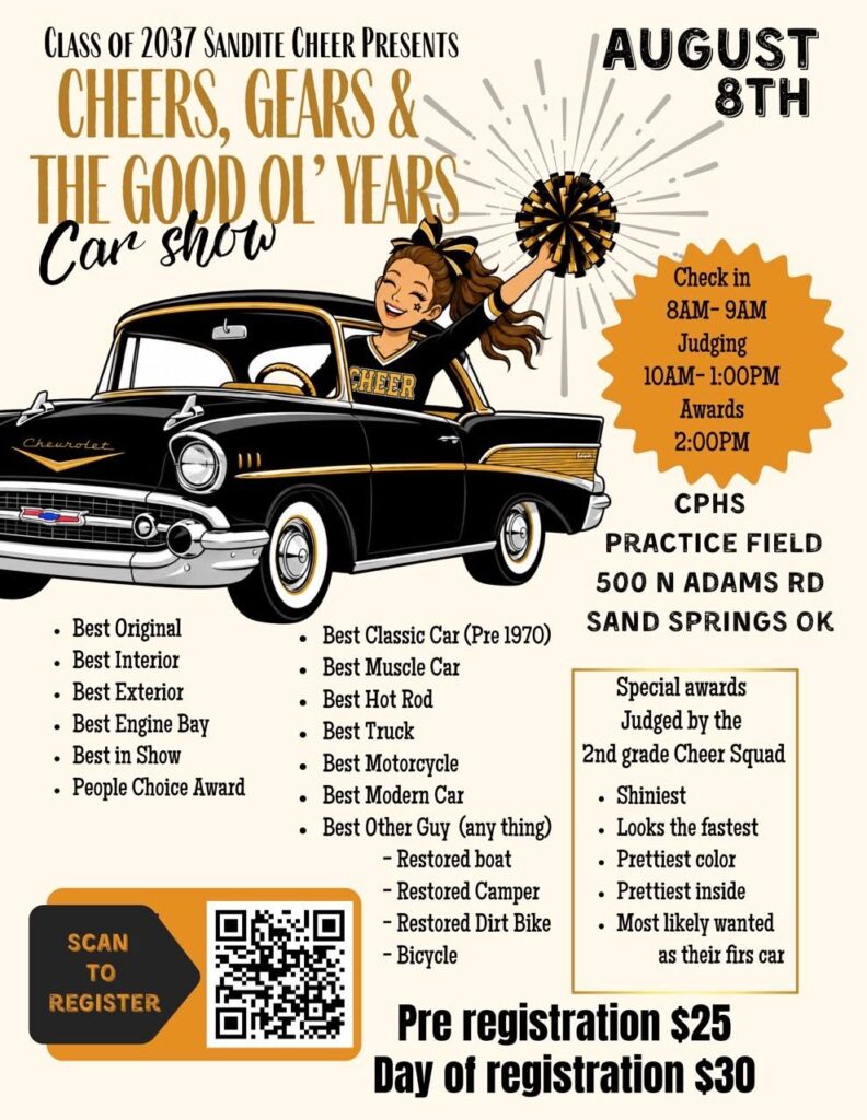 Class of 2037 Sandite Cheer Cheers, Gears & the Good Ol' Years Car Show event at CPHS Practice Field in Sand Springs, OK on August 8, 2026