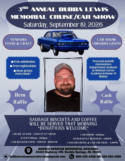 3rd Annual Bubba Lewis Memorial Cruise/Car Show event at Double Springs Municipal Building in Double Springs, AL on September 19, 2026