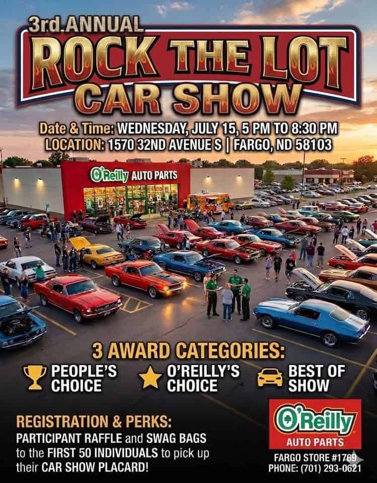 3rd Annual Rock the Lot Car Show event at O'Reilly Auto Parts in Fargo, ND on July 15, 2026
