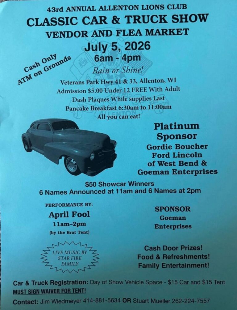 43rd Annual Allenton Lions Club Classic Car & Truck Show event at Veterans Park in Allenton, WI on July 5, 2026