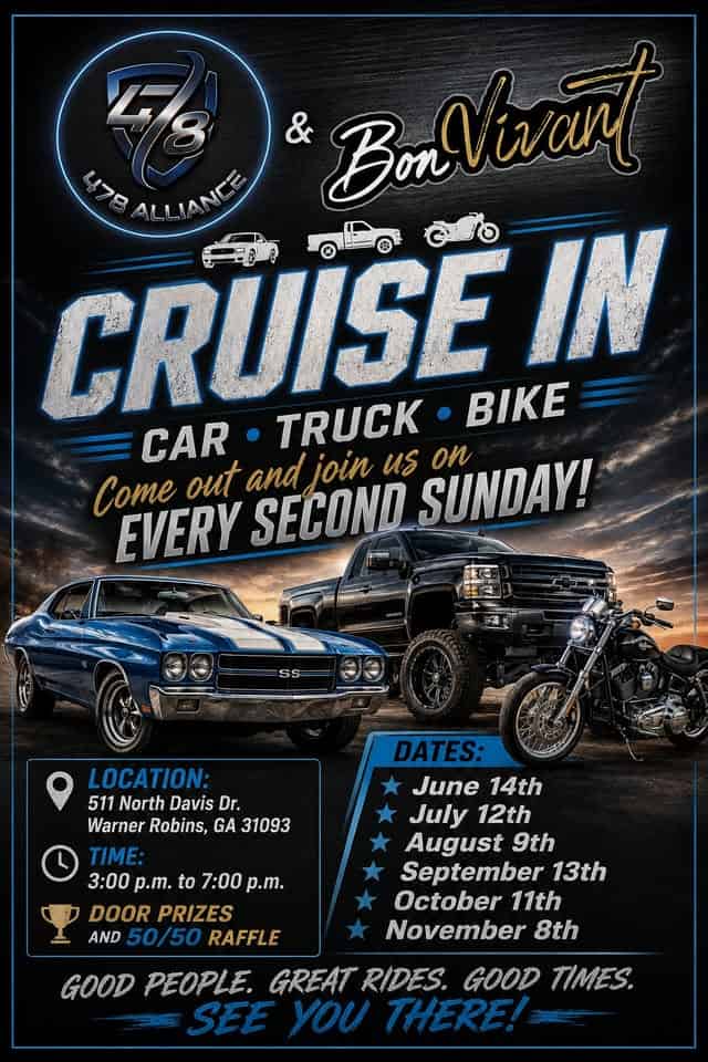 478 Alliance & Bon Vivant Car, Truck, & Bike Cruise-In event at 511 North Davis Dr. in Warner Robins, GA on June 14, 2026