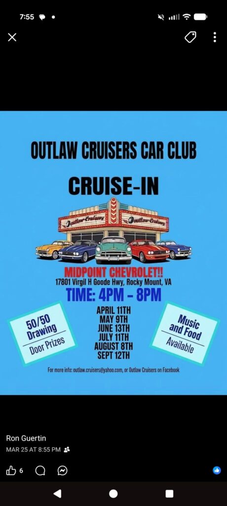 Outlaw Cruisers Car Club Cruise-In event at Midpoint Chevrolet in Rocky Mount, VA on July 11, 2026