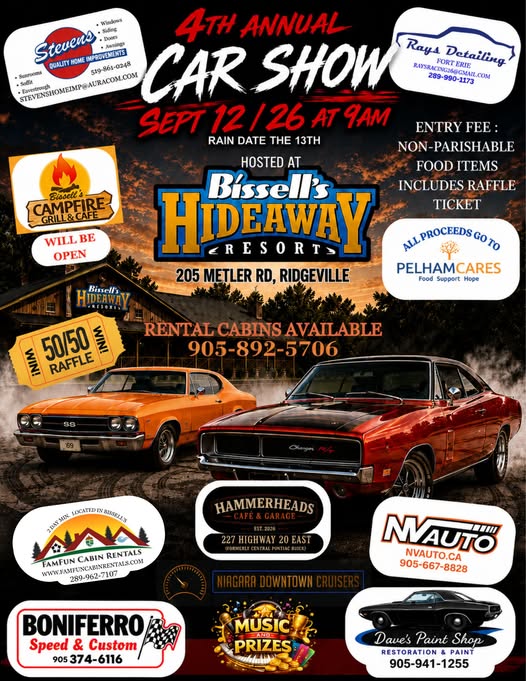 4th Annual Car Show Hosted at Bissell's Hideaway Resort event at Bissell's Hideaway Resort in Ridgeville, ON on September 12, 2026