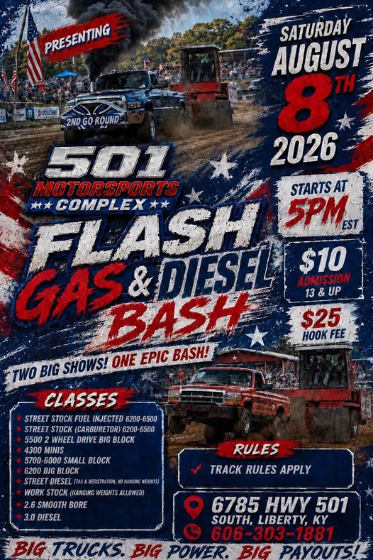 501 Motorsports Complex Flash Gas & Diesel Bash event at 501 Motorsports Complex in Liberty, KY on August 8, 2026