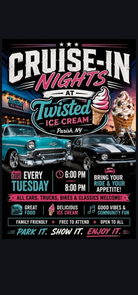 Twisted Ice Cream Cruise-In Nights event at Twisted Ice Cream in Parish, NY on June 16, 2026