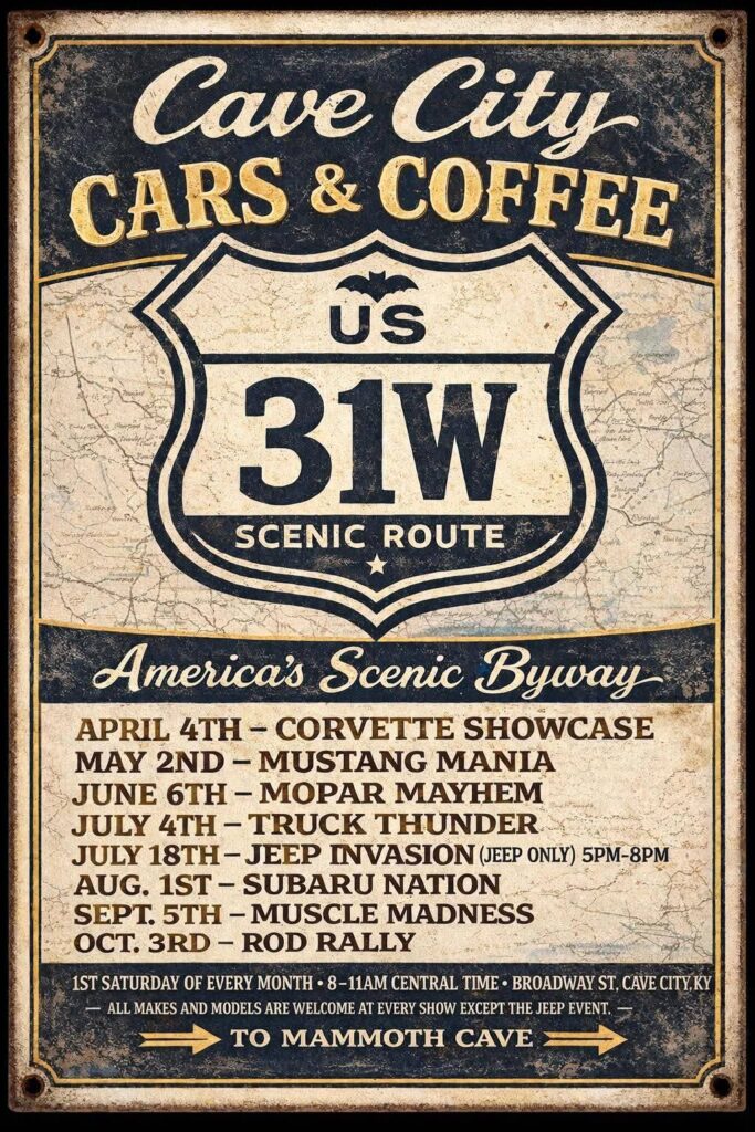 Cave City Cars & Coffee event at Broadway St in Cave City, KY on April 4, 2026
