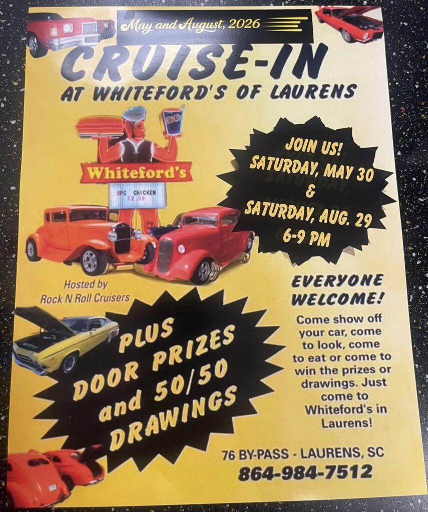 Whiteford's of Laurens Cruise-In event at Whiteford's in Laurens, SC on August 29, 2026