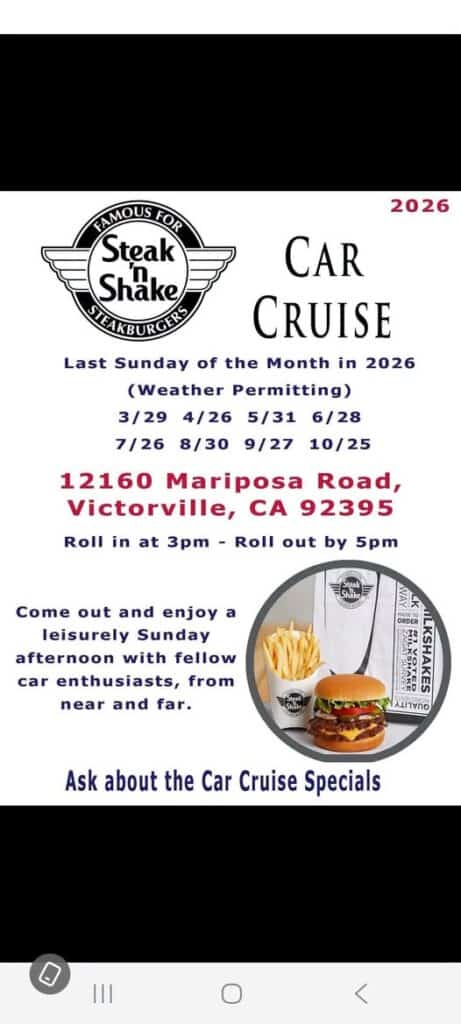 Steak 'n Shake Car Cruise event at Steak 'n Shake in Victorville, CA on July 26, 2026