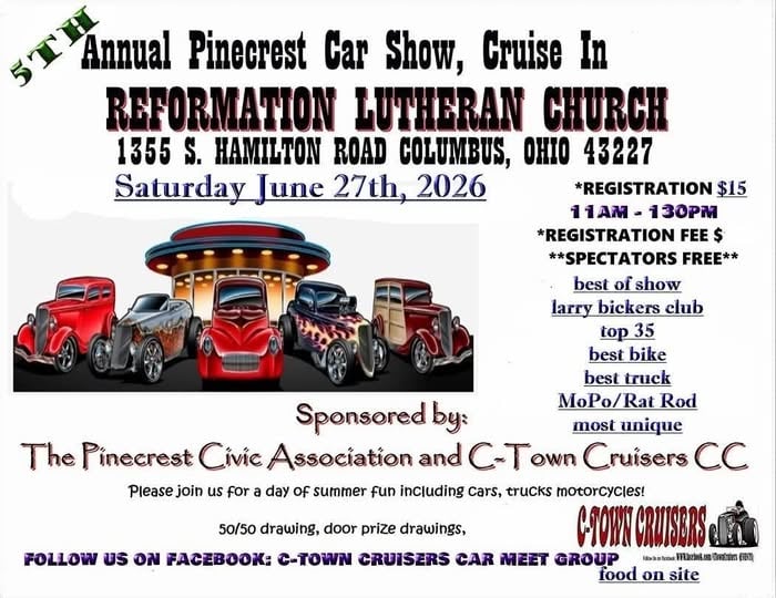 5th Annual Pinecrest Car Show, Cruise In event at Reformation Lutheran Church in Columbus, OH on June 27, 2026