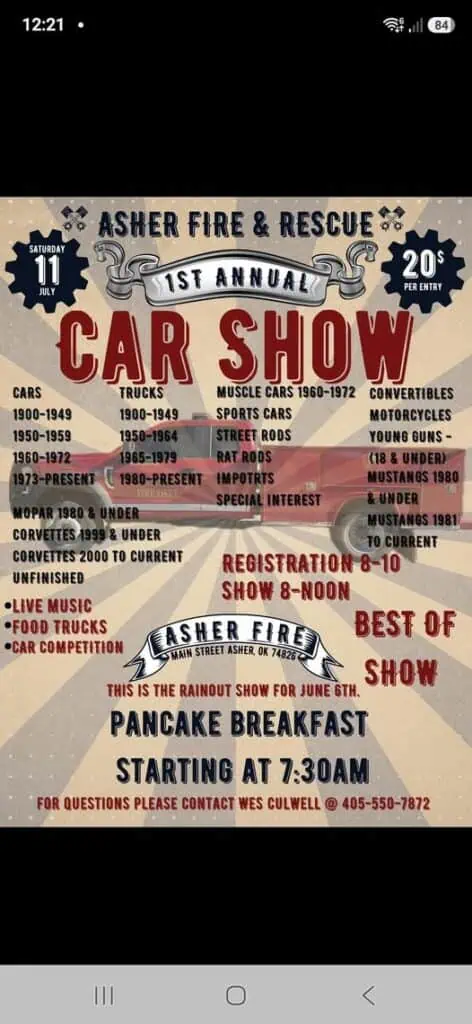 Asher Fire & Rescue 1st Annual Car Show event at Asher Fire in Asher, OK on July 11, 2026