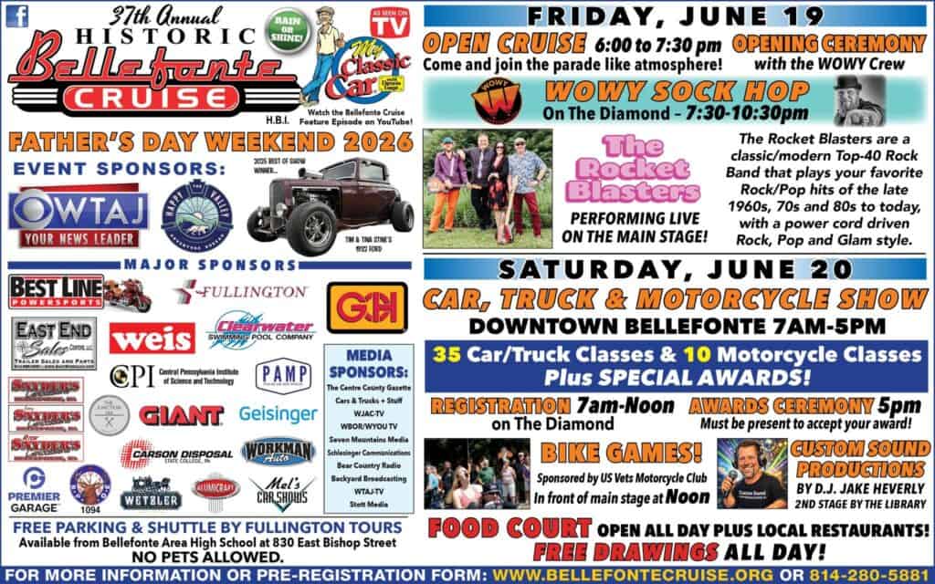 27th Annual Historic Bellefonte Cruise Father's Day Weekend 2026 event at Downtown Bellefonte in Bellefonte, PA on June 19, 2026
