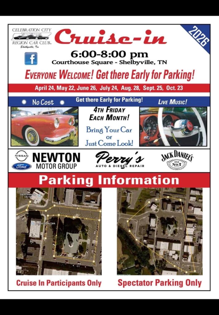 Celebration City Region Car Club Cruise-In event at Courthouse Square in Shelbyville, TN on July 24, 2026