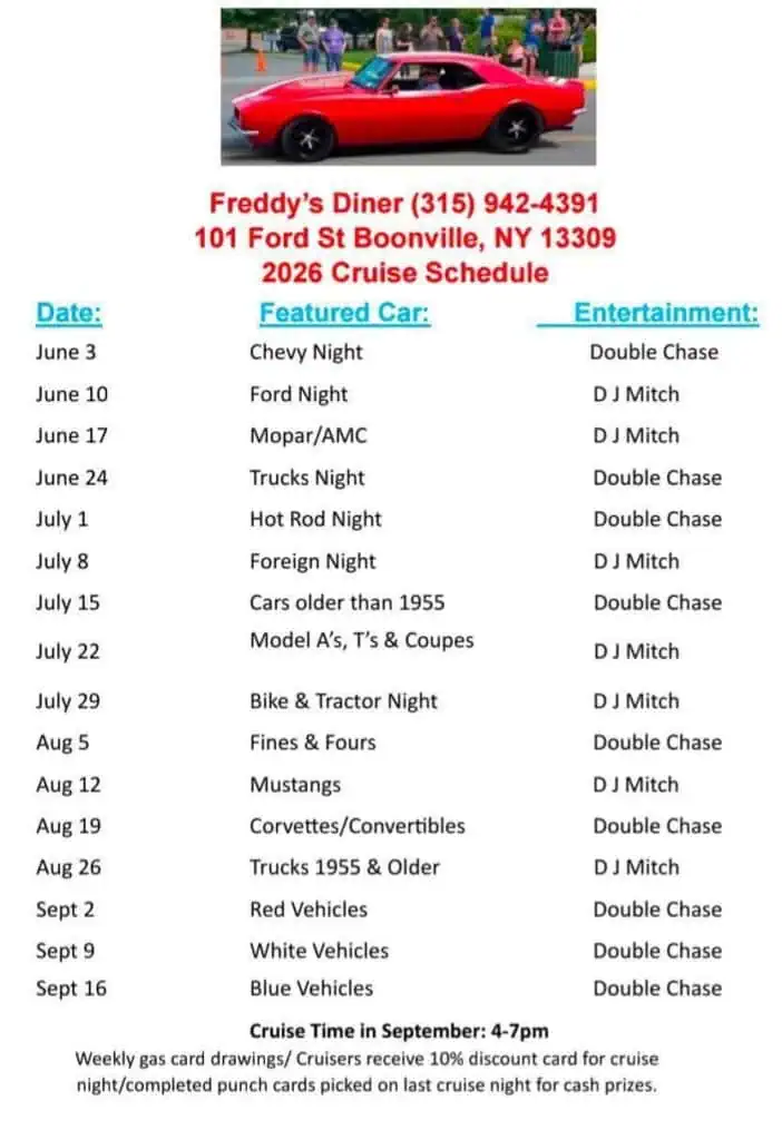 Freddy's Diner 2026 Cruise Schedule event at Freddy's Diner in Boonville, NY on June 3, 2026