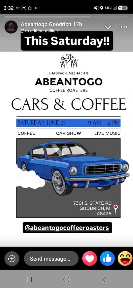 Abeantogo Coffee Roasters Cars & Coffee event at Abeantogo Coffee Roasters in Goodrich, MI on June 27, 2026