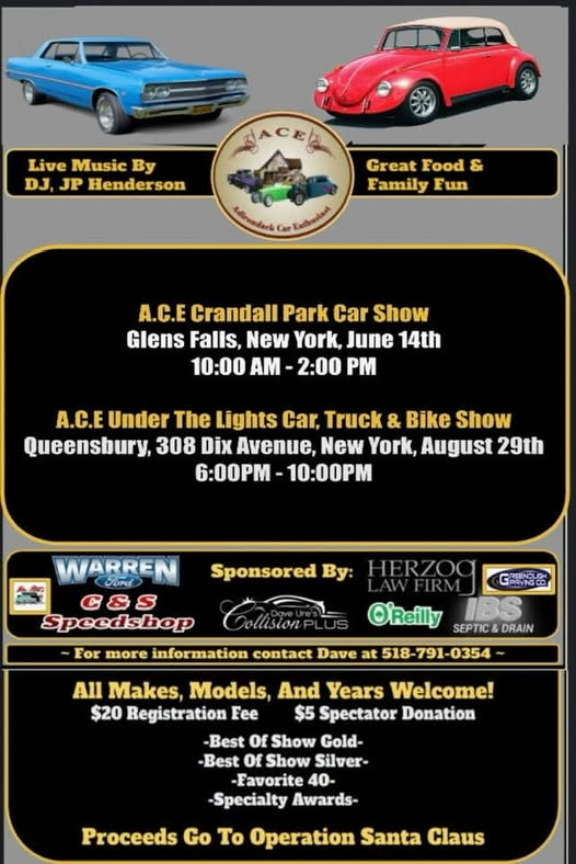 A.C.E. Under The Lights Car, Truck & Bike Show event at 308 Dix Avenue in Queensbury, NY on August 29, 2026