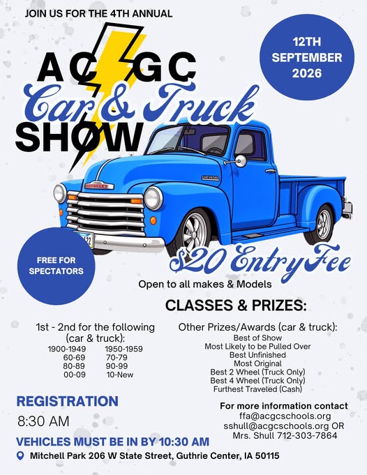 ACGC 4th Annual Car & Truck Show event at Mitchell Park in Guthrie Center, IA on September 12, 2026