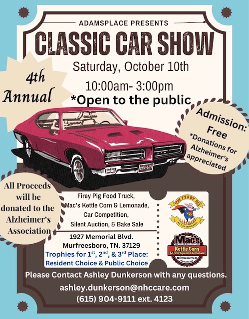 AdamsPlace 4th Annual Classic Car Show event at AdamsPlace in Murfreesboro, TN on October 10, 2026