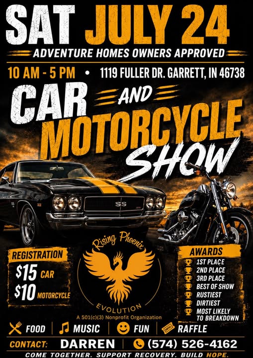 Adventure Homes Owners Approved Car and Motorcycle Show event at 1119 Fuller Dr. in Garrett, IN on July 24, 2026