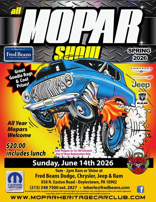 All MOPAR Show Spring 2026 event at Fred Beans Dodge, Chrysler, Jeep & Ram in Doylestown, PA on June 14, 2026