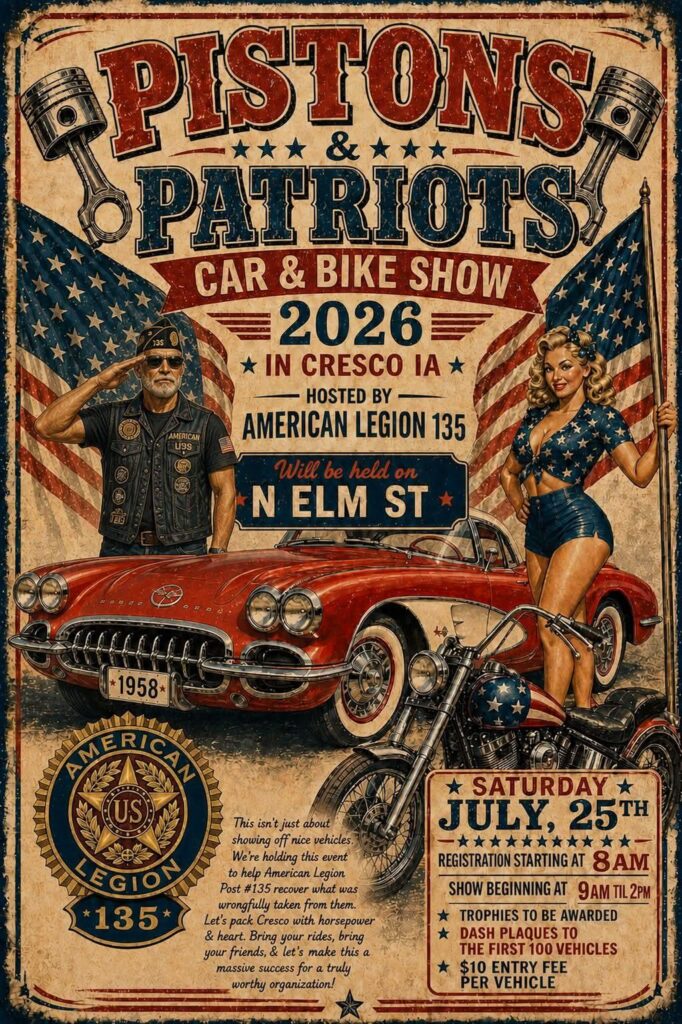 American Legion 135 Pistons & Patriots Car & Bike Show event at N Elm St in Cresco, IA on July 25, 2026