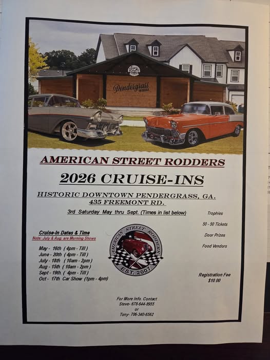 American Street Rodders 2026 Cruise-Ins event at 435 Freemont Rd. in Pendergrass, GA on July 18, 2026