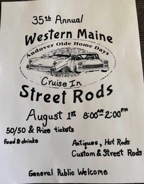 Andover Olde Home Days 35th Annual Western Maine Street Rods Cruise in event at Akers Field in Andover, ME on August 1, 2026