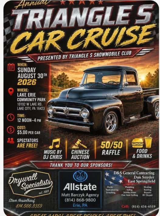 Annual Triangle S Car Cruise event at Lake Erie Community Park in Lake City, PA on August 30, 2026