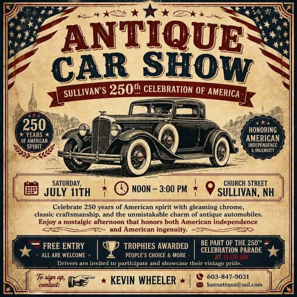 Antique Car Show - Sullivan's 250th Celebration event at Jewett Park in Sullivan, NH on July 11, 2026